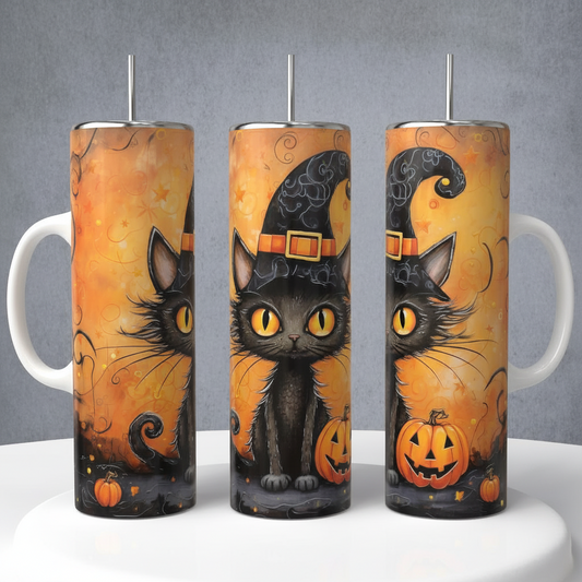 Cat, Black Witchy Cat with a Pumpkin Mug or Tumbler