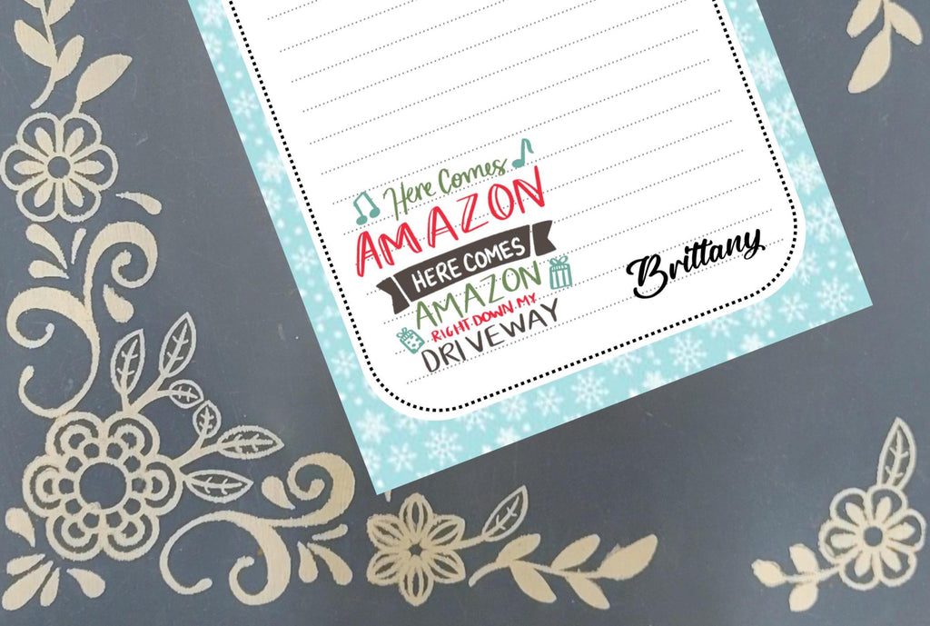 Personalized Amazon, Here Comes Amazon..., Prime, Christmas, Winter, Holiday, Notepad Stationery