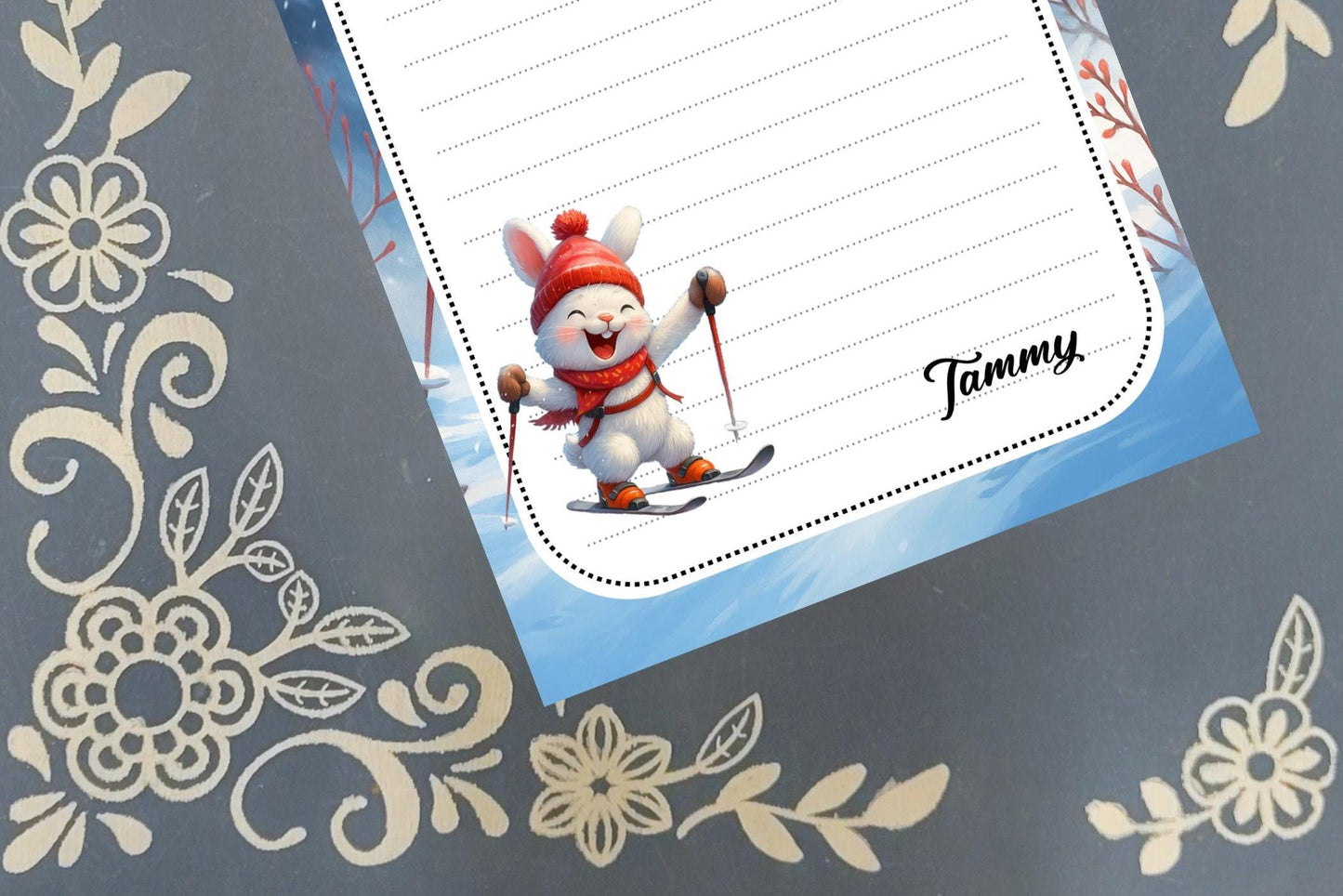 Personalized Snow Bunny, Skiing Rabbit, Notepad Stationery