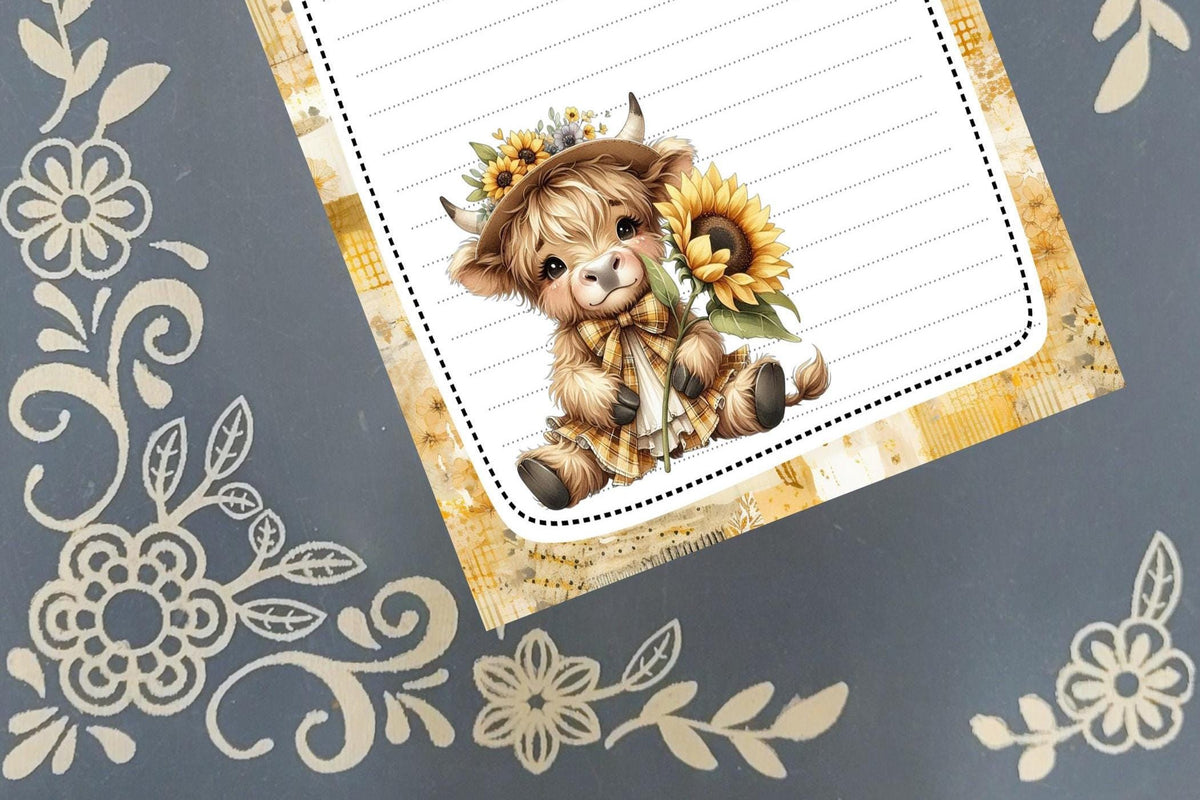 Personalized Cow, Highland Cow in Sunflowers 2 Notepad Stationery