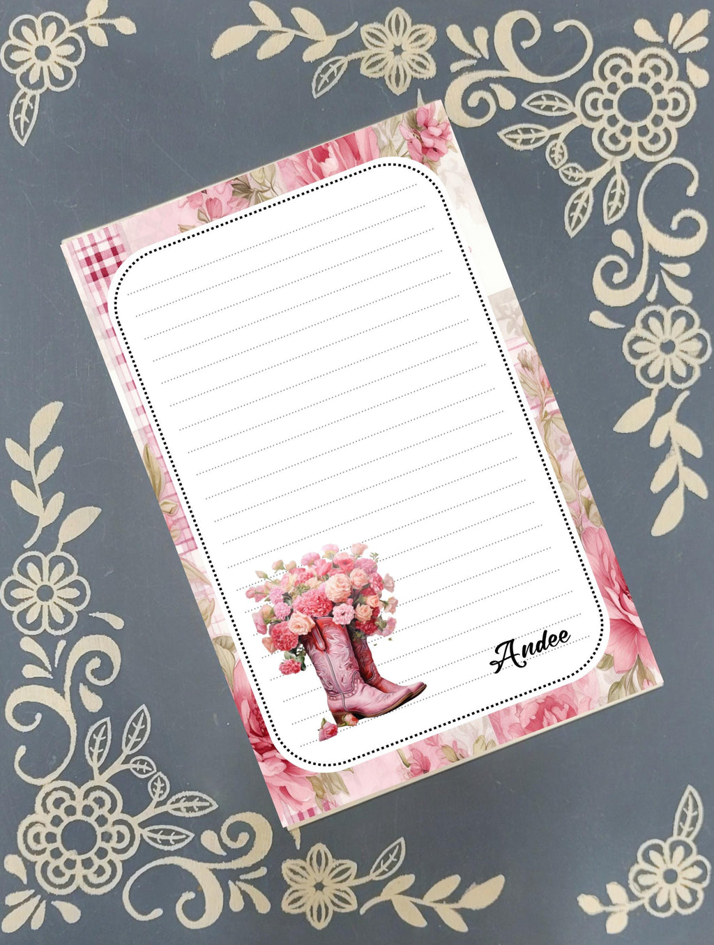 Personalized Cowboy Boots, Pink, Flowers, Cowgirl, Notepad Stationery