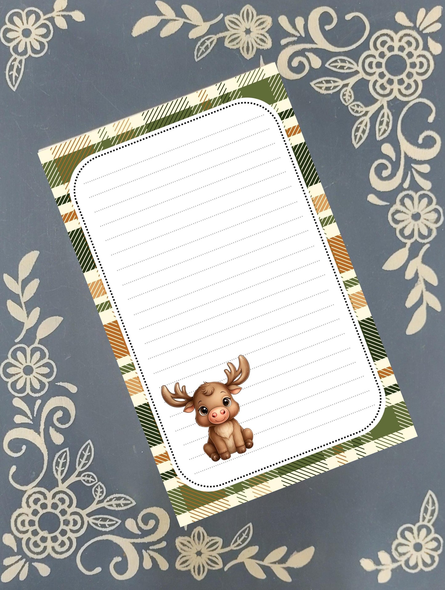 Personalized Moose, Brown & Green Plaid, Winter, Notepad Stationery