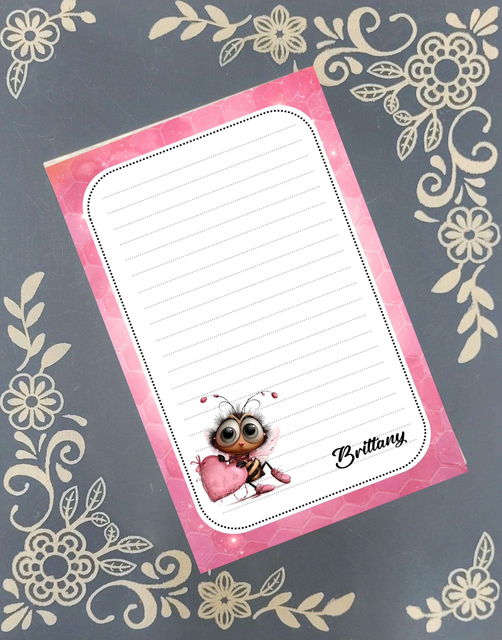 Personalized Bee Mine, Pink Honeycomb, Valentine's Day, Heart, Notepad Stationery
