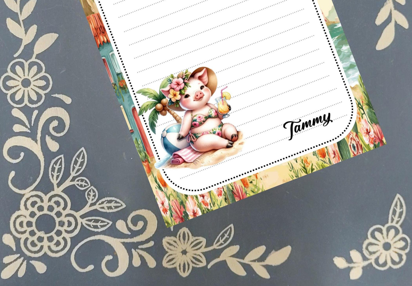 Personalized Pig at the Beach, Notepad Stationery