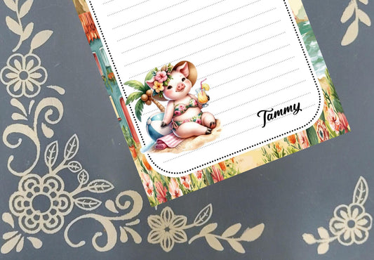 Personalized Pig at the Beach, Notepad Stationery