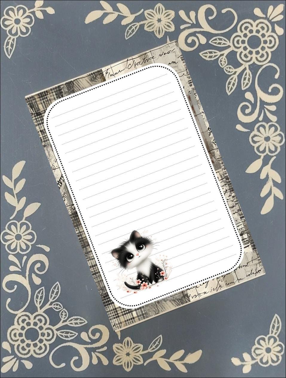 Personalized Cat Black & White Kitten, Grey Notepad Stationery