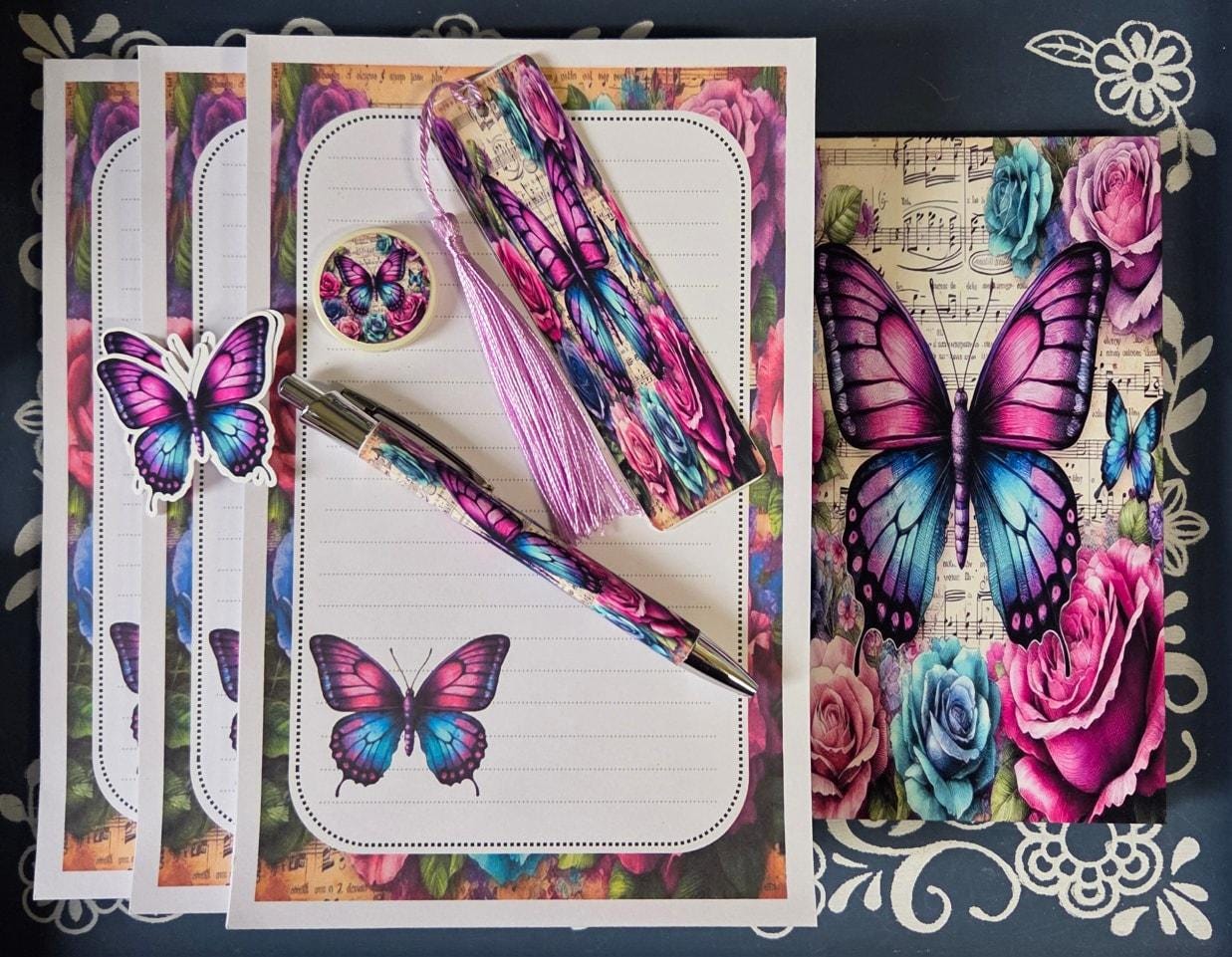 Personalized Butterfly Purple & Teal with Flowers, Notepad Stationery