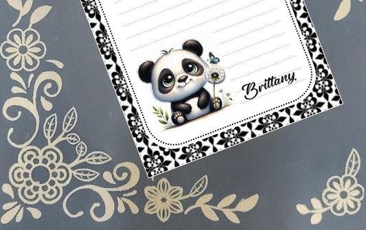 Personalized Panda with a Dandelion and Butterfly, Notepad Stationery