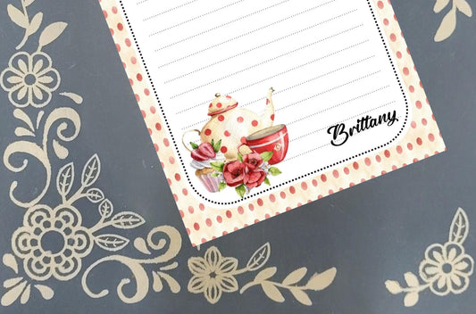 Personalized Tea Pot with Red Polka Dots, Notepad Stationery