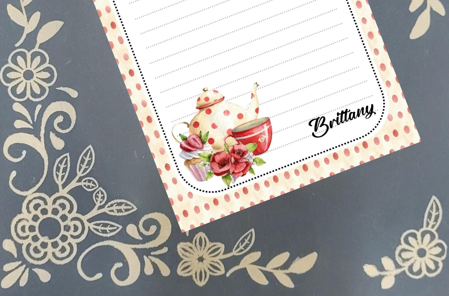 Personalized Tea Pot with Red Polka Dots, Notepad Stationery