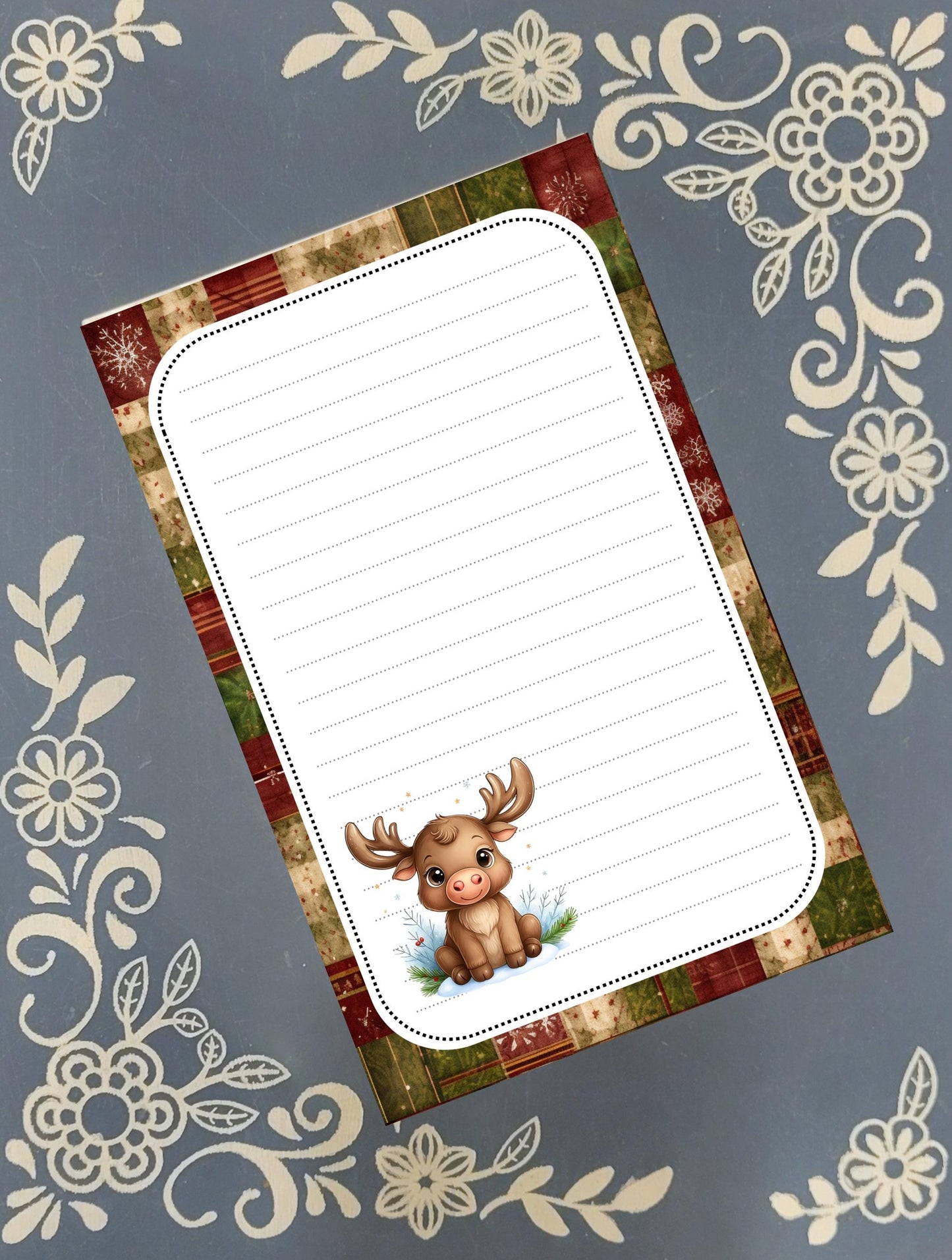 Personalized Moose, Holiday Moose, Christmas, Winter, Red Plaid, Notepad Stationery