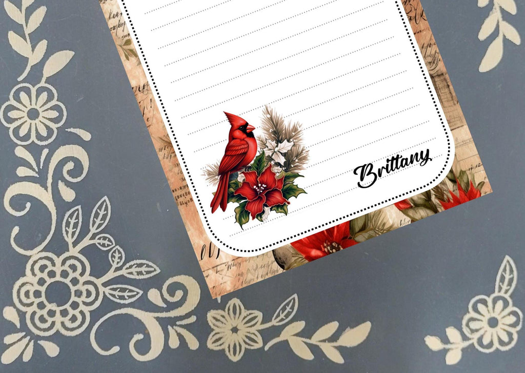 Personalized Cardinal on a Poinsettia, Christmas, Winter, Holiday, Notepad Stationery