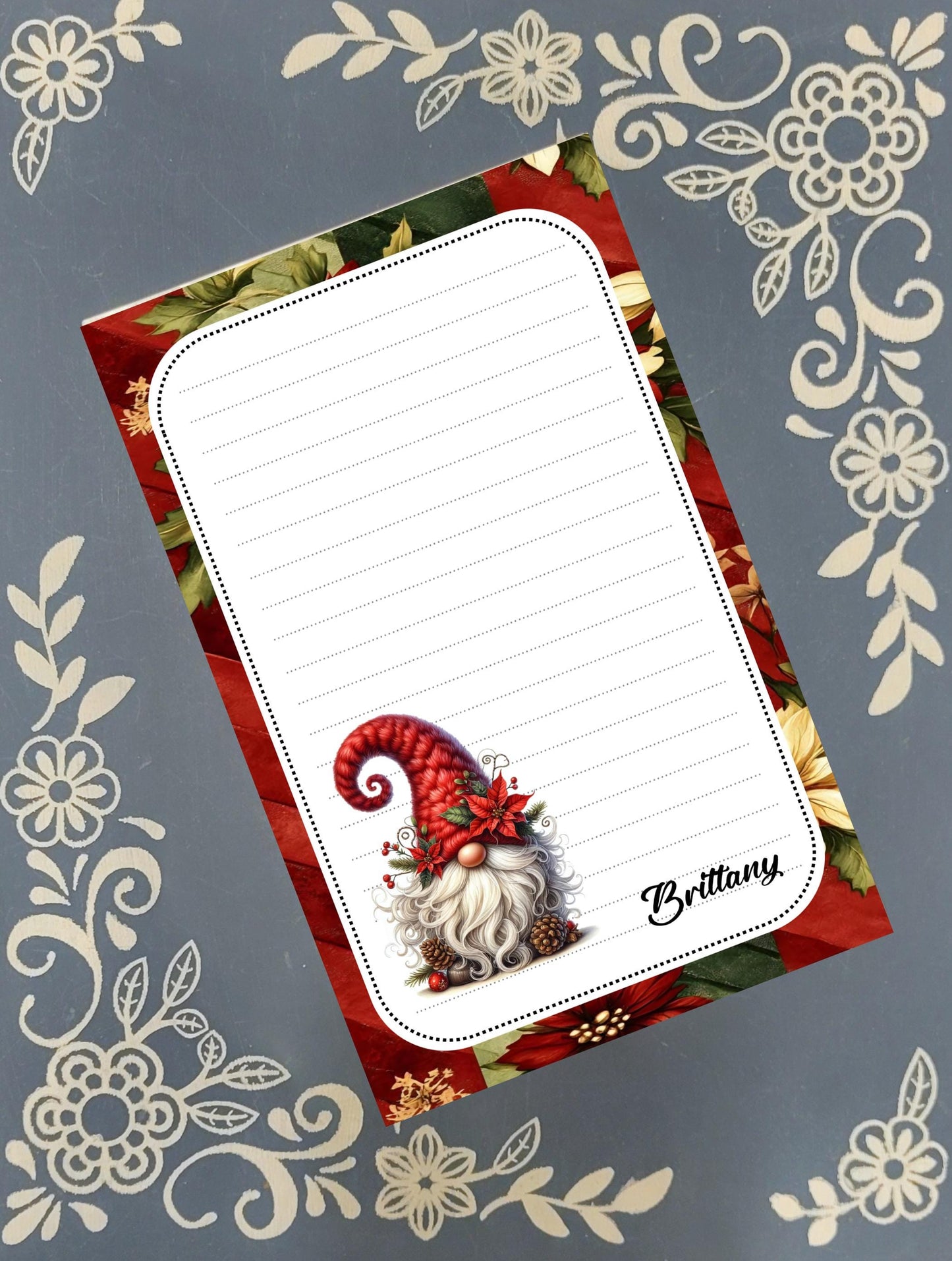 Personalized Poinsettia Gnome, Christmas, Winter, Holiday, Notepad Stationery