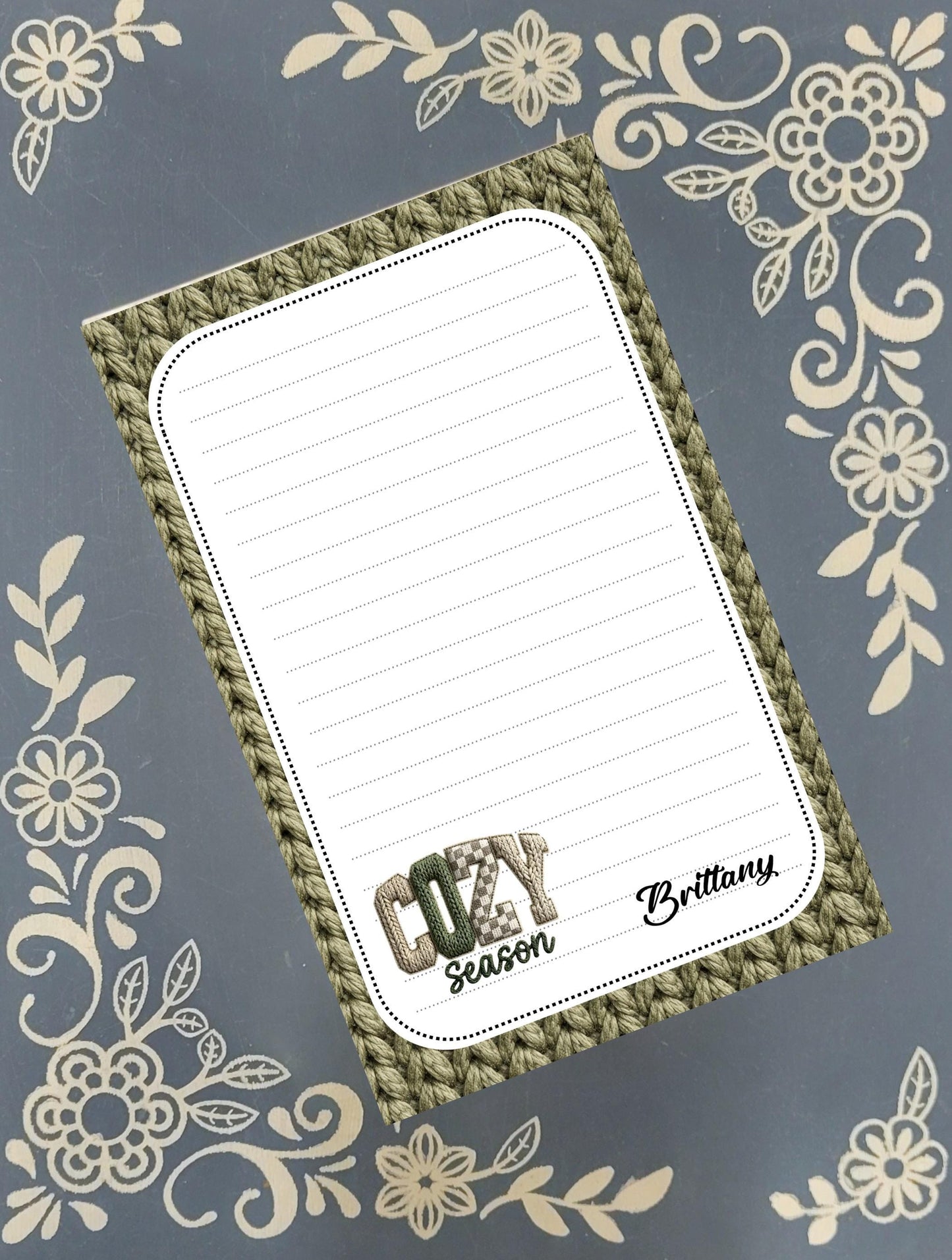 Personalized Cozy Season, knit sweater, winter, olive green, Notepad Stationery
