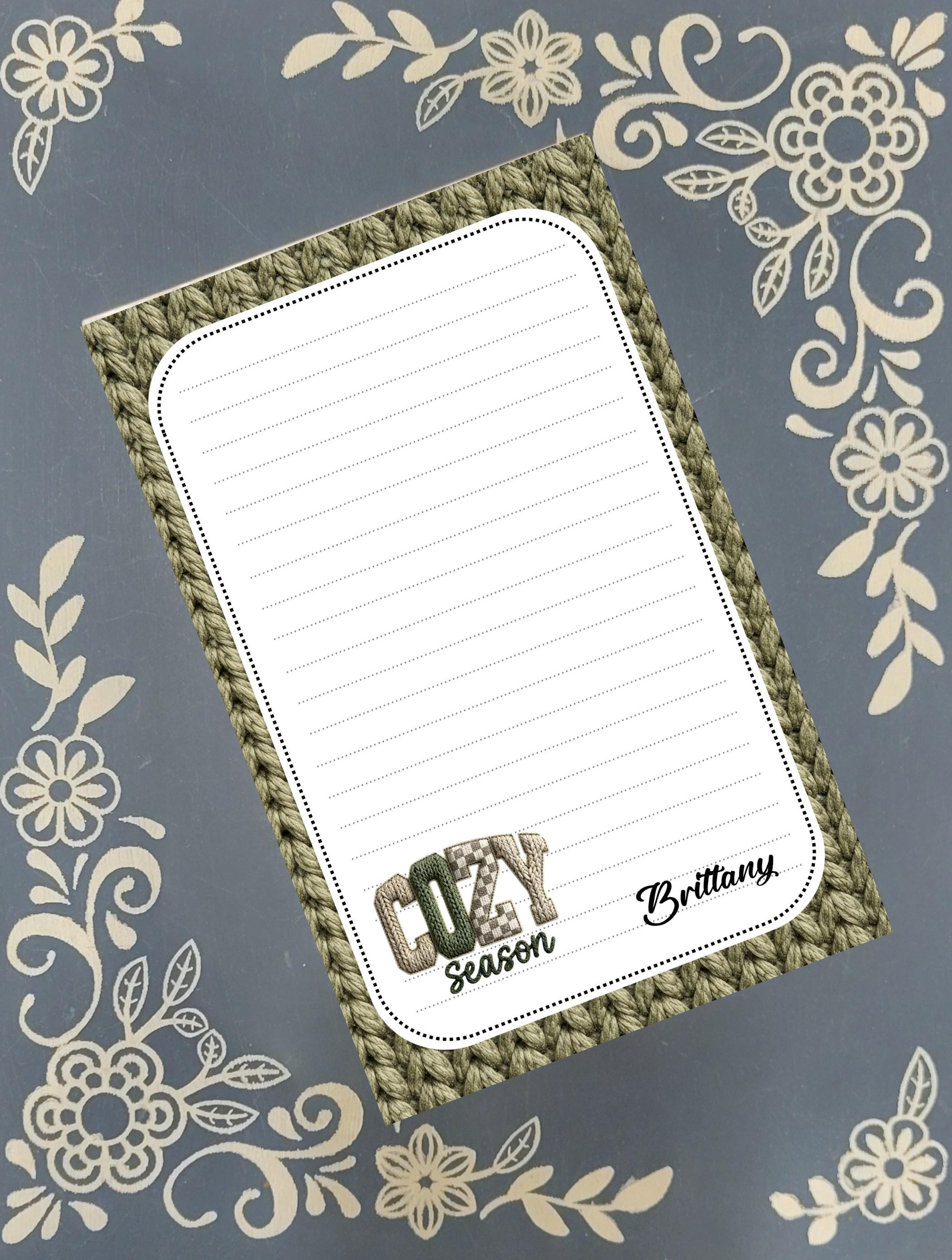 Personalized Cozy Season, knit sweater, winter, olive green, Notepad Stationery