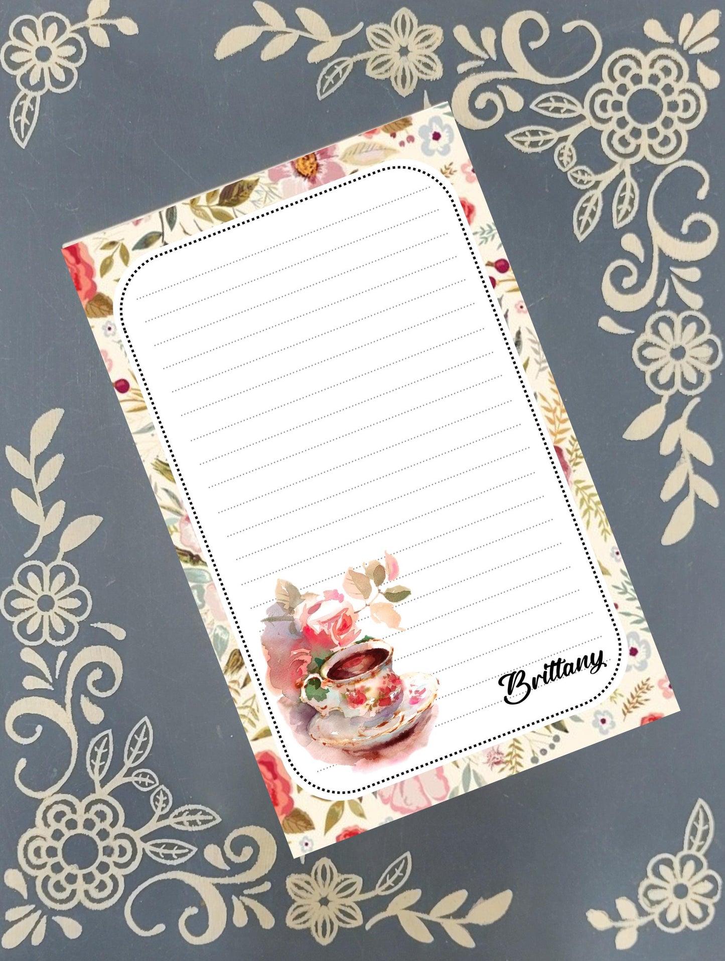 Personalized Tea Time, Rose Tea Cup, Notepad Stationery