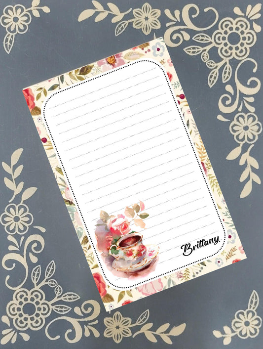 Personalized Tea Time, Rose Tea Cup, Notepad Stationery