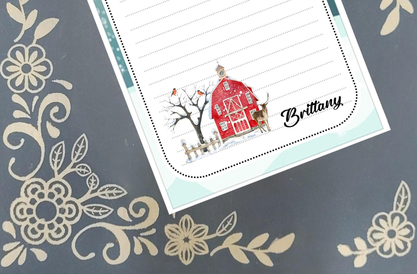Personalized Winter Barn Notepad, Deer and Cardinals