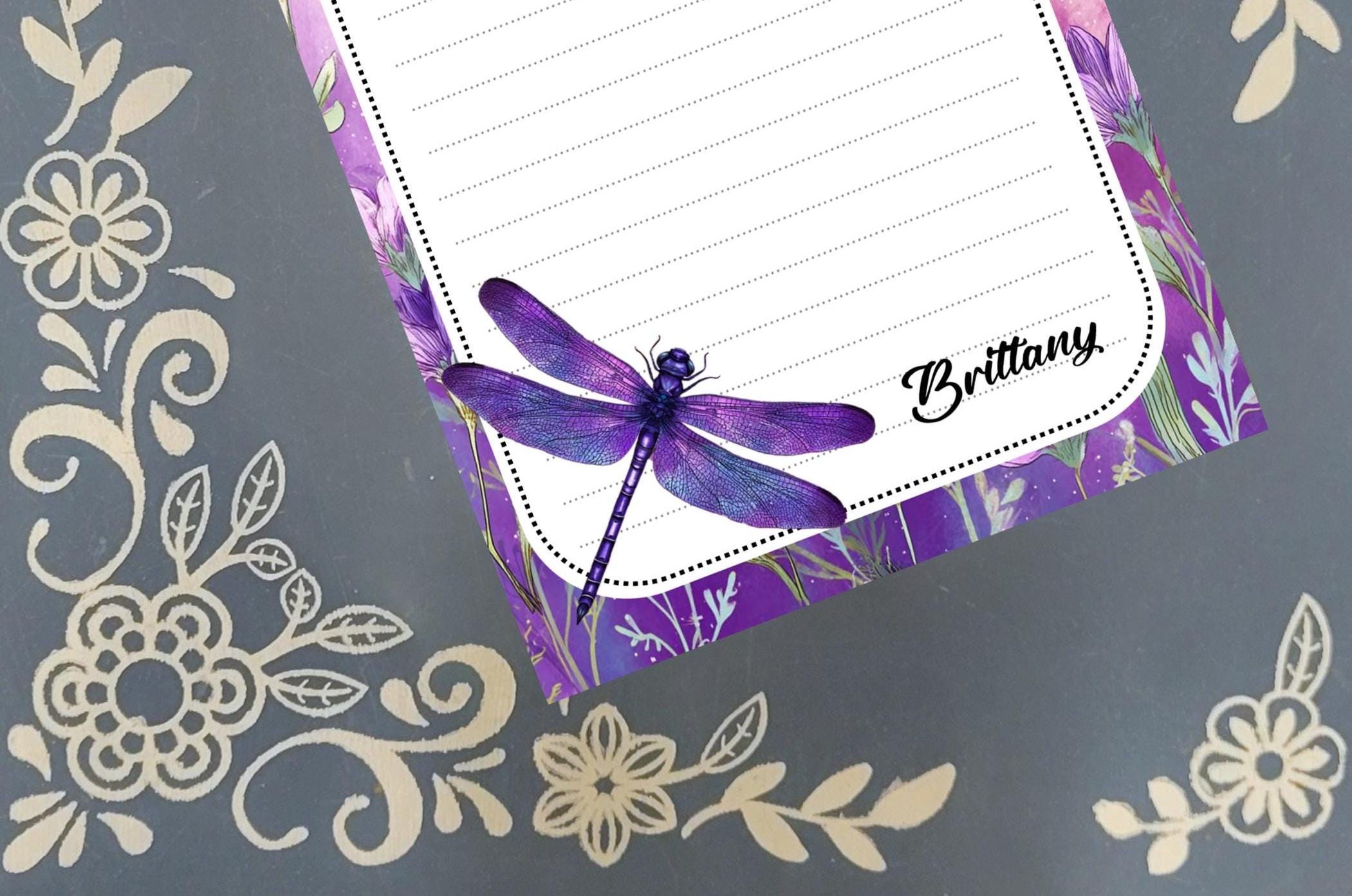 Personalized Dragonfly, Purple Floral, Notepad Stationery