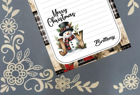 Personalized Snowman, Merry Christmas, Joy, Winter, Holiday, Christmas, Notepad Stationery