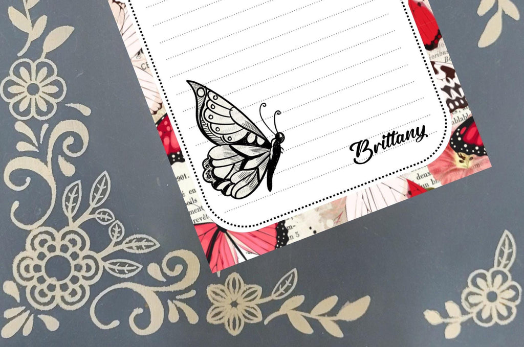 Personalized Butterfly, Black and White, Rose Red, Notepad Stationery