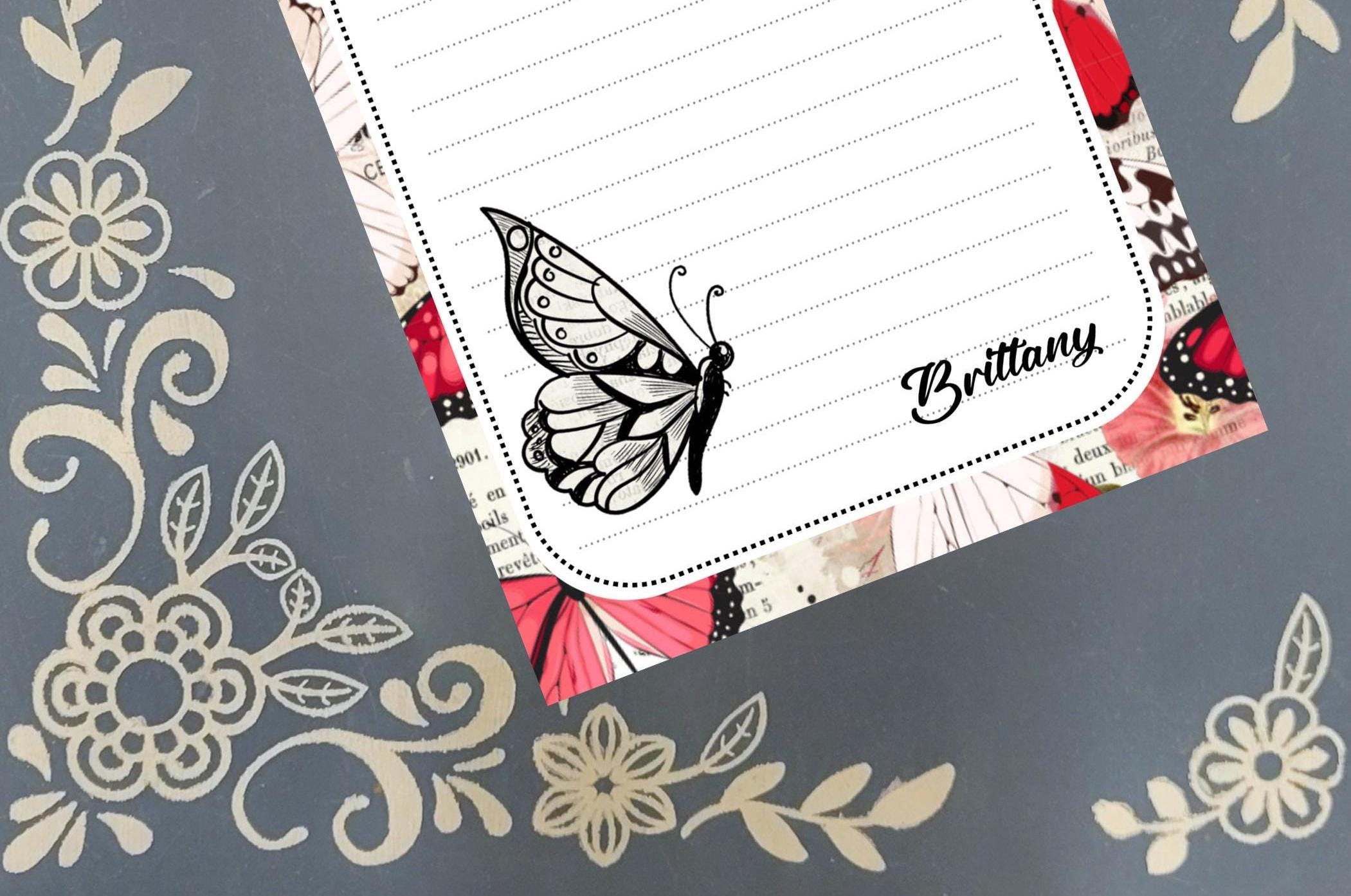 Personalized Butterfly, Black and White, Rose Red, Notepad Stationery