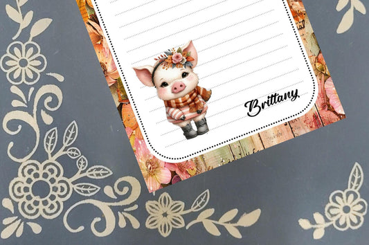 Personalized Pig, Autumn Fall Theme, Notepad Stationery
