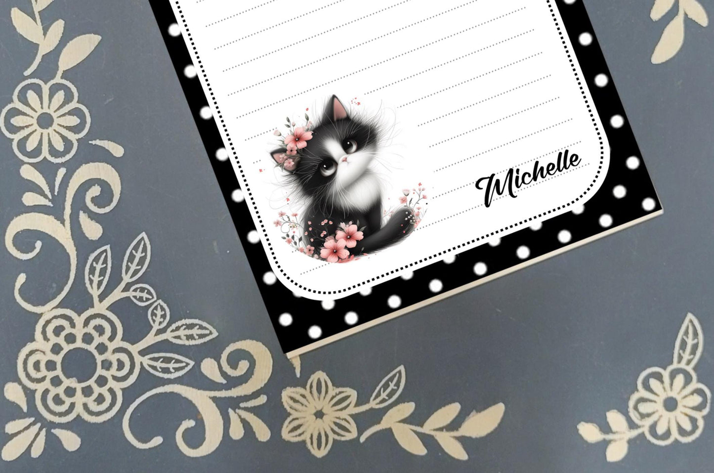 Personalized Cat, Black and White Kitten, Polka Dot, Notepad Stationery