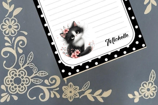 Personalized Cat, Black and White Kitten, Polka Dot, Notepad Stationery