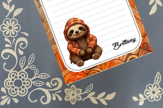 Personalized Sloth Wearing an Autumn Fall Hoodie, Notepad Stationery