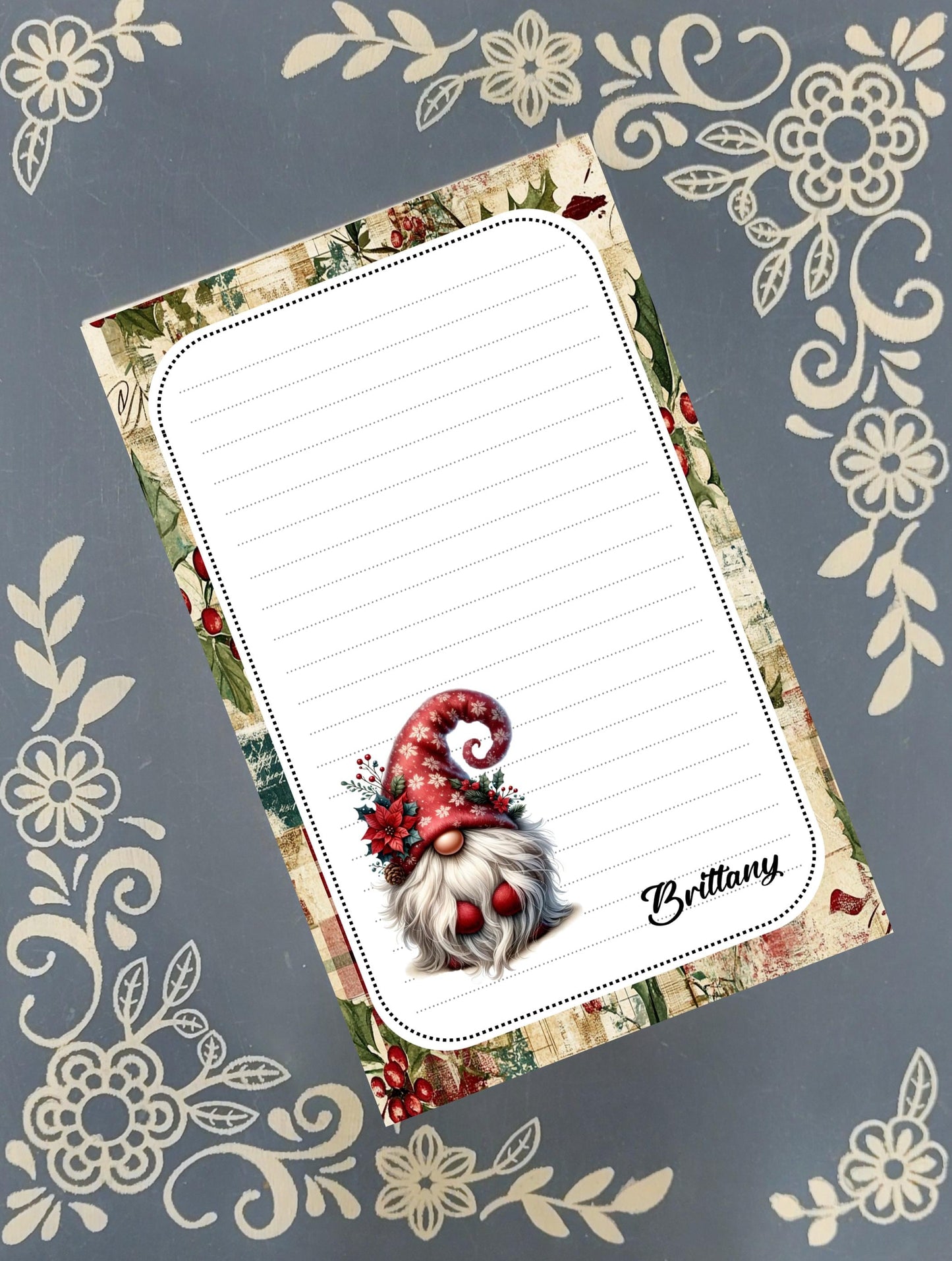 Personalized Gnome Poinsettia 2, Christmas, Winter, Holiday, Notepad Stationery
