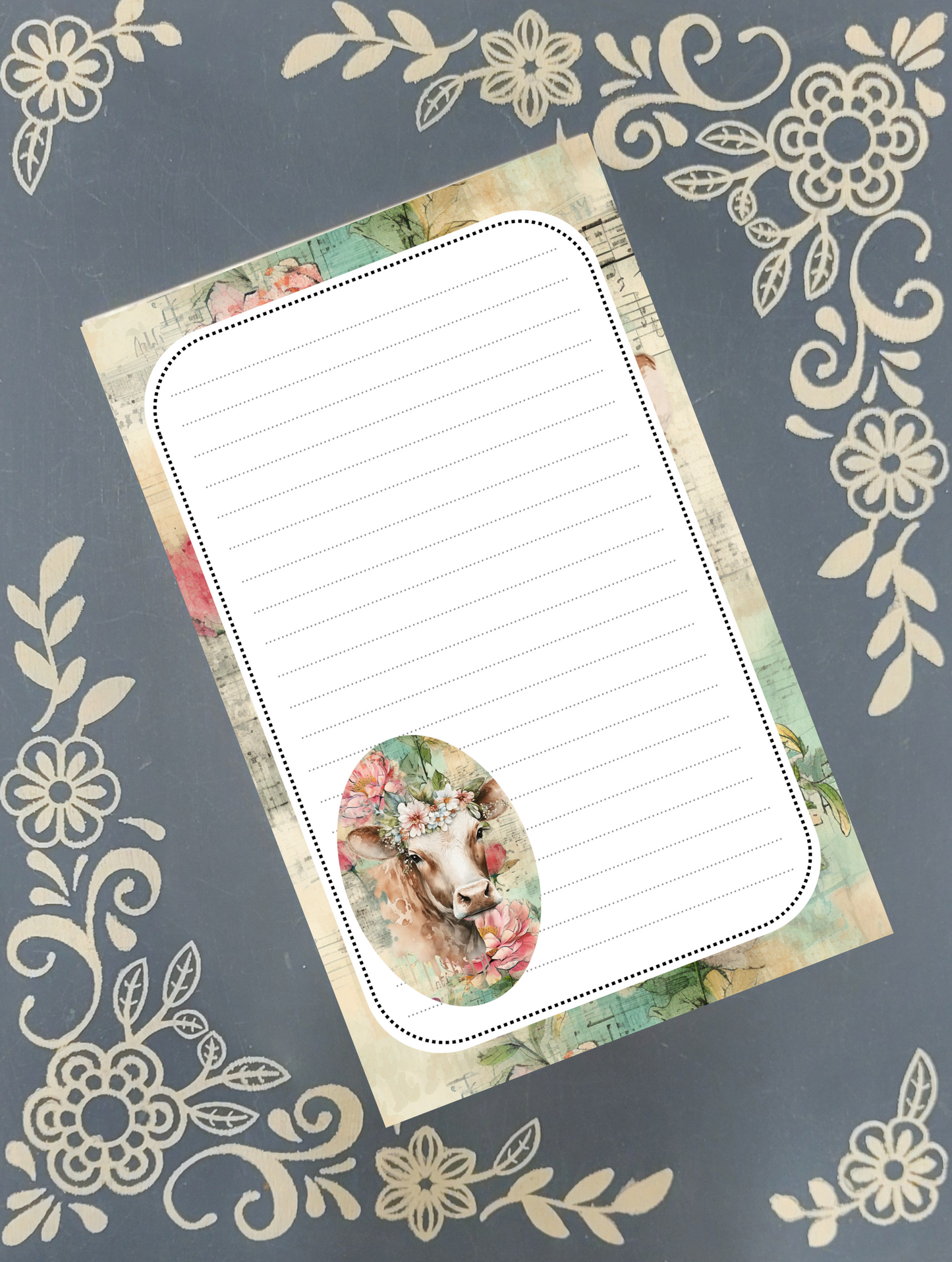 Custom notepad with a pretty cow illustration on lined, tear-away paper, 5.5 x 8.5 inch size.