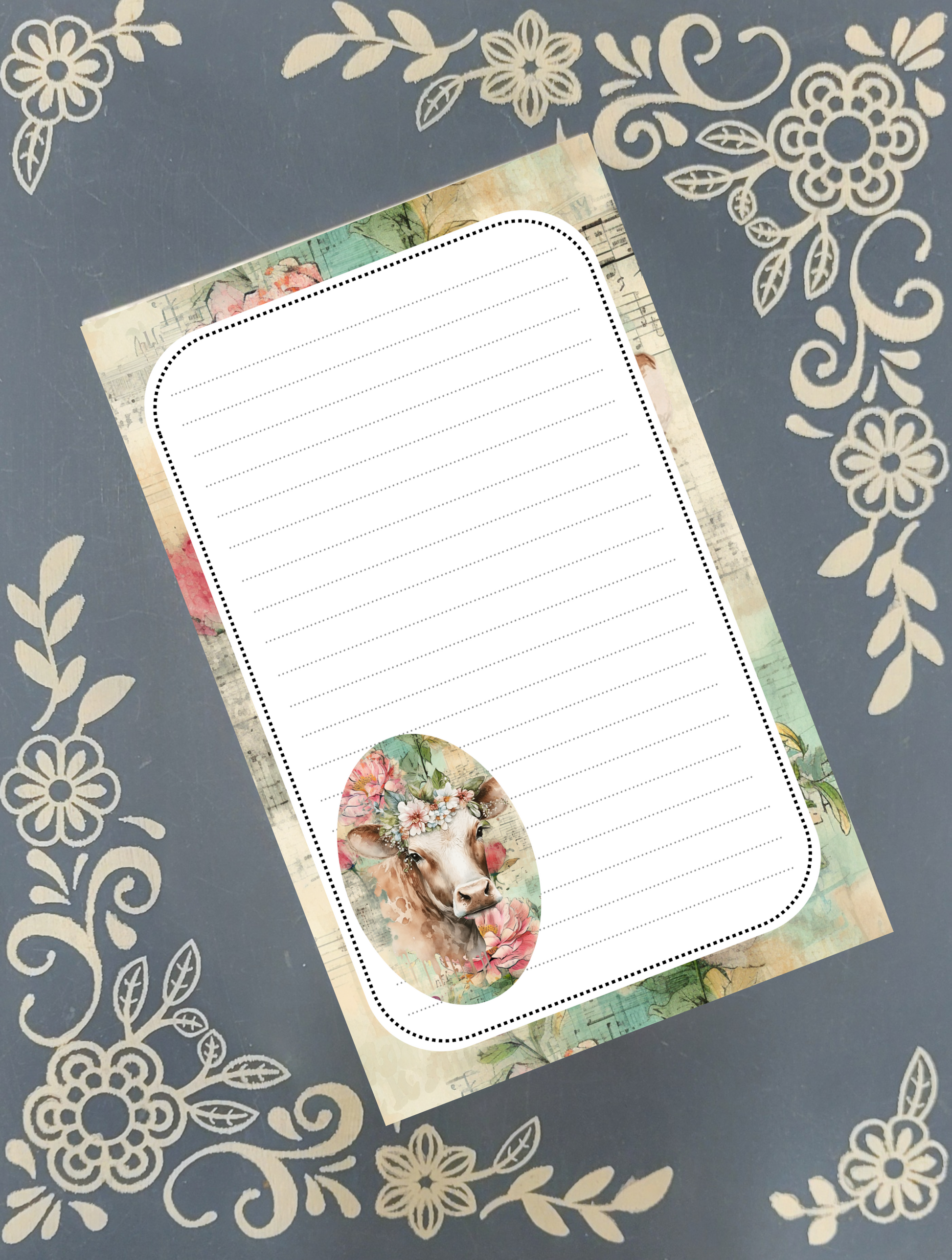 Custom notepad with a pretty cow illustration on lined, tear-away paper, 5.5 x 8.5 inch size.