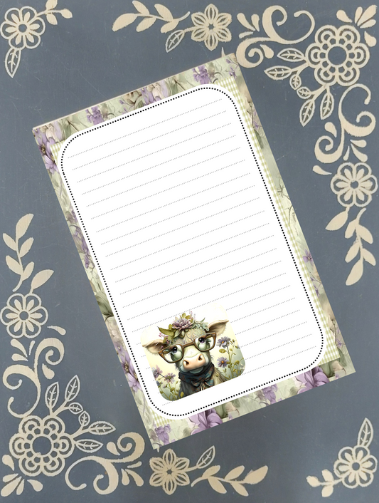 Personalized Cow in Glasses with Purple Wildflowers Notepad Stationery
