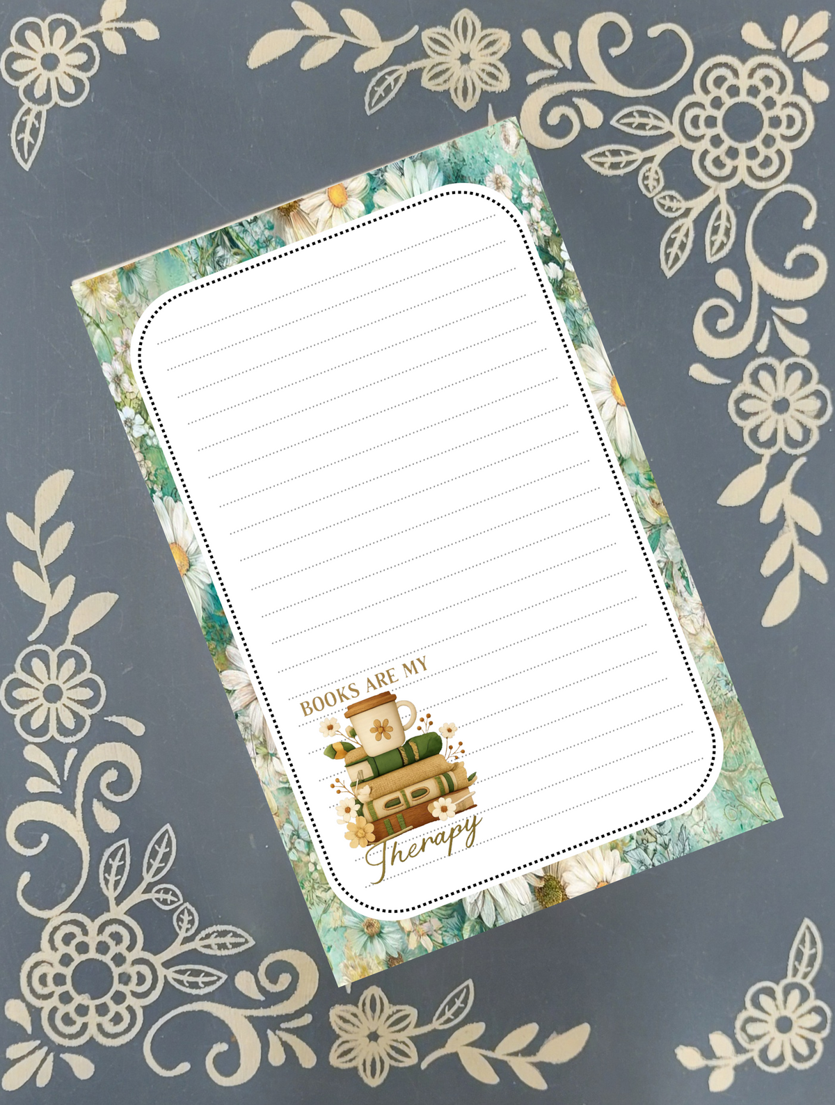 Personalized Books, Bookish, Books Are My Therapy, Daisy Notepad Stationery