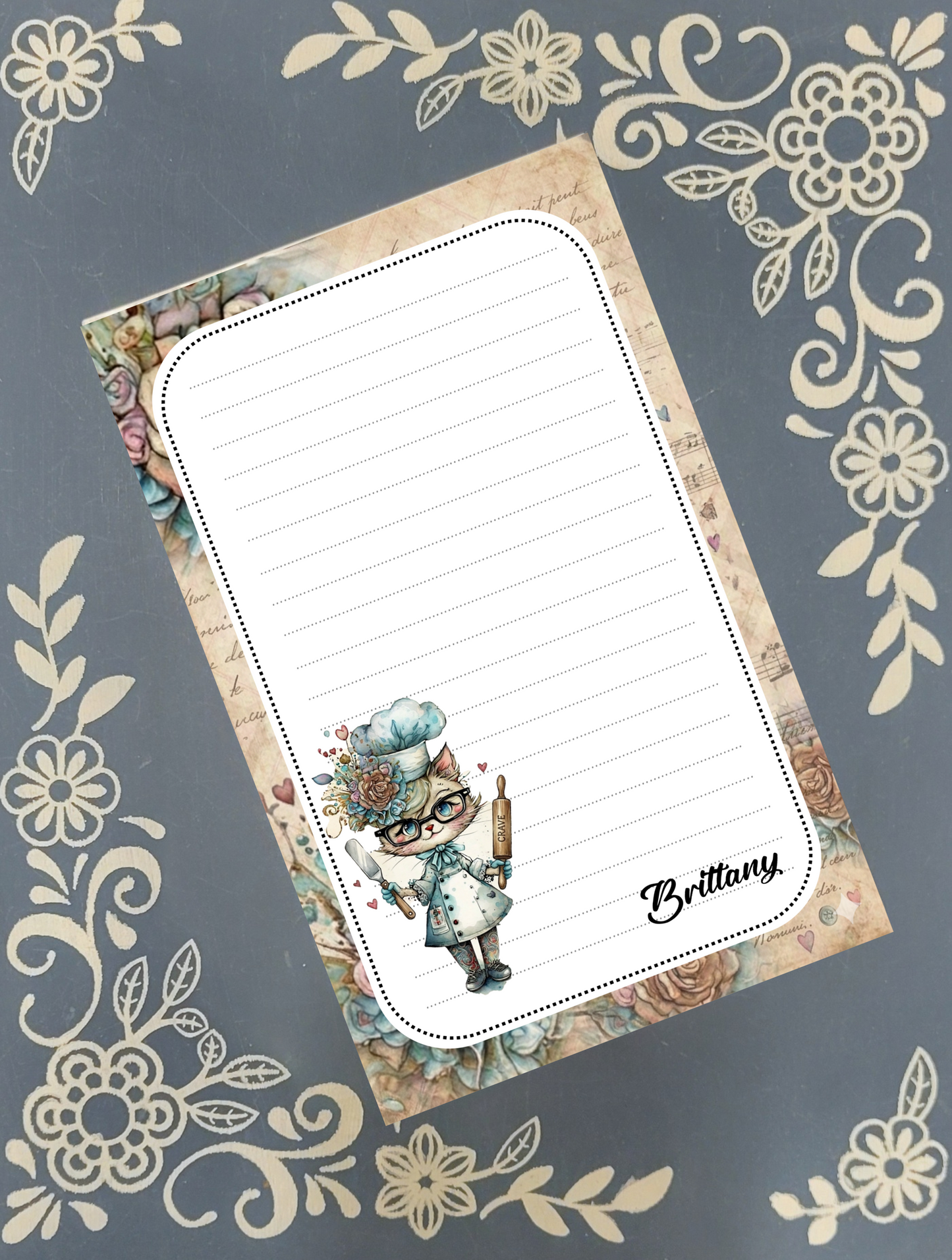 Personalized Baking Cat with Spatula & Rolling Pin, Notepad Stationery