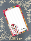 A personalized lined notepad featuring a cute cartoon bird character and the name 'Brittany' printed in script, set against a gray background with a cream floral pattern.