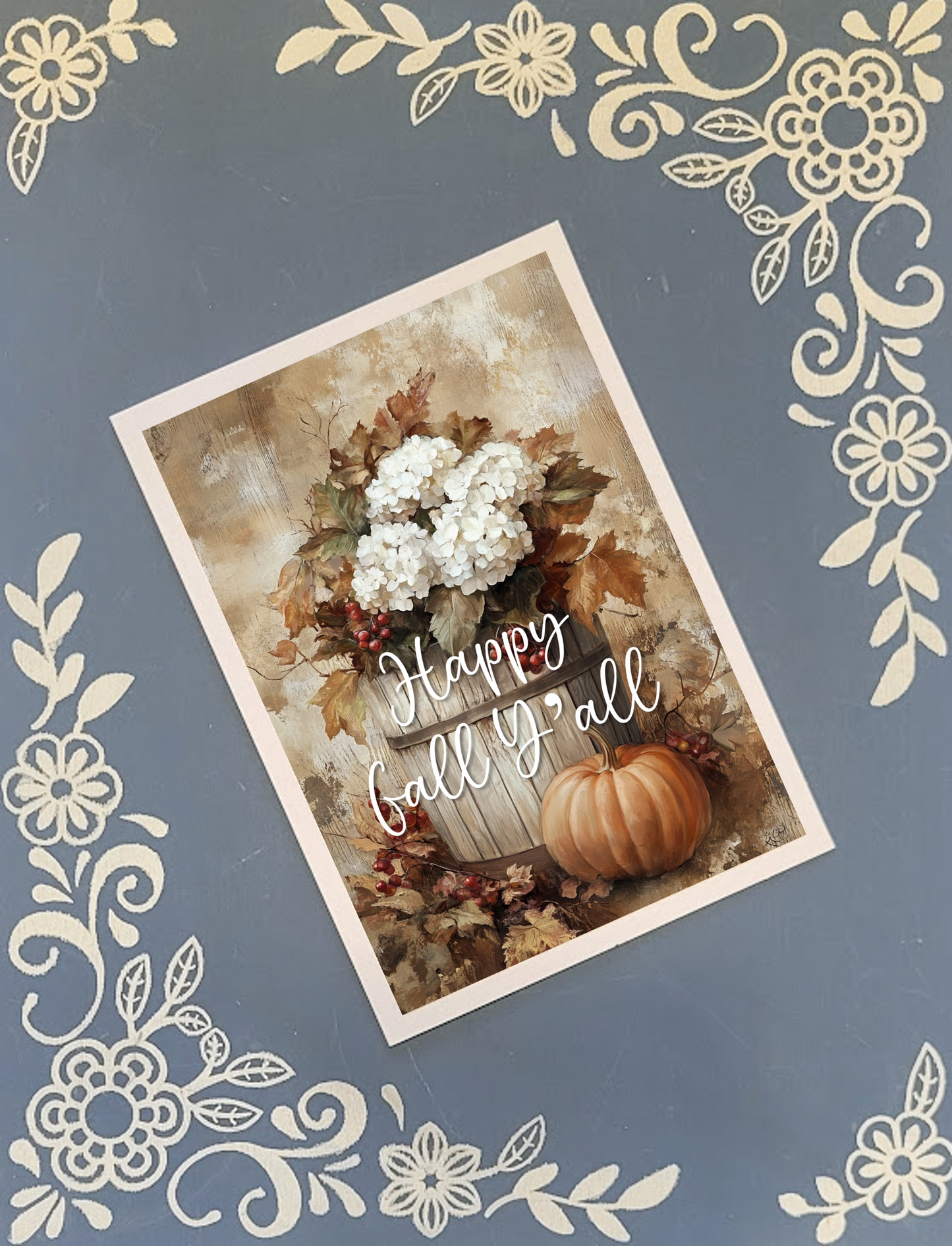 Happy Fall Y'all, Happy Birthday, Hydrangeas, Pumpkin, Autumn Greeting Card Bundle, 5x7 with Envelopes