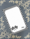 A personalized lined notepad with a black and white checkered border, featuring two small checkered flags and the name 'Amy' in script at the bottom right, displayed on a gray background with beige floral patterns.