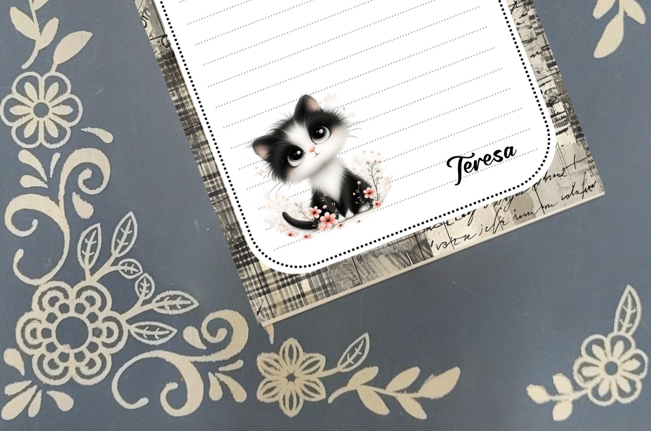 Personalized Cat, black and white kitten, Notepad Stationery