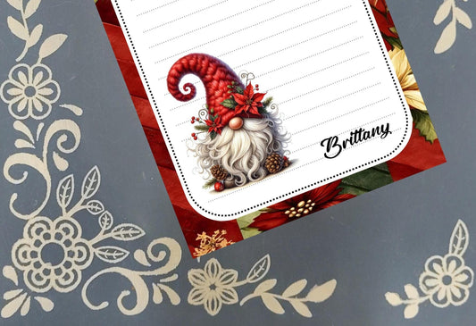 Personalized Poinsettia Gnome, Christmas, Winter, Holiday, Notepad Stationery