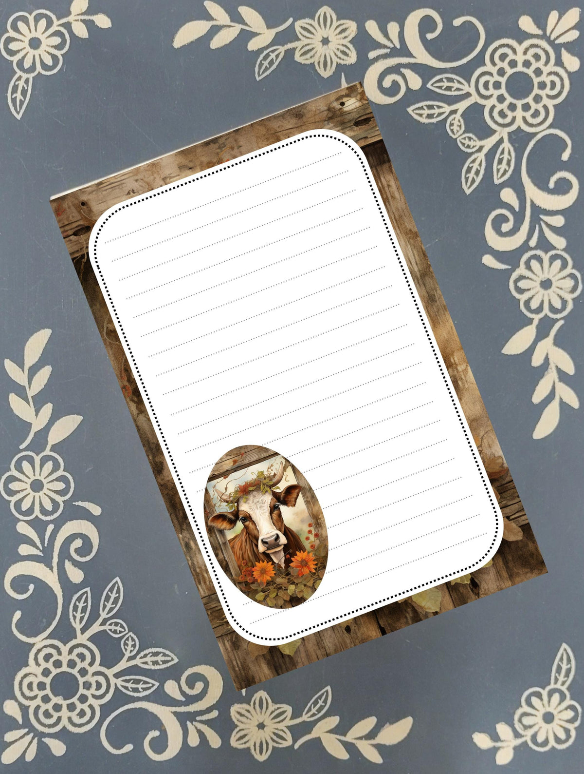 Personalized Cow, Autumn Cow in Fence Notepad Stationery