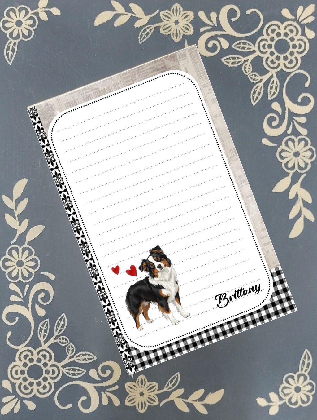 Personalized Custom Dog Breed, black and white with red hearts, Notepad Stationery