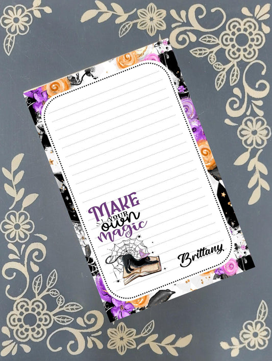 Personalized Magic, Make Your Own Magic, Black Cat, Witch, Purple, Halloween, Notepad Stationery