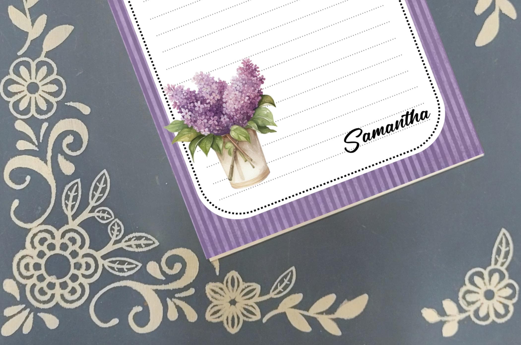 Personalized Flowers, purple flowers in a vase, Notepad Stationery