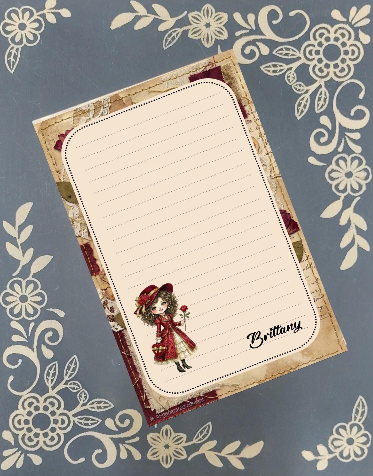 Personalized Victorian Girl, Vintage Rose, Valentine's Day, Hearts & Roses, Notepad Stationery