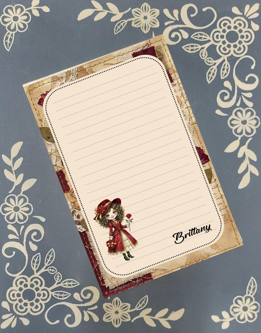 Personalized Victorian Girl, Vintage Rose, Valentine's Day, Hearts & Roses, Notepad Stationery