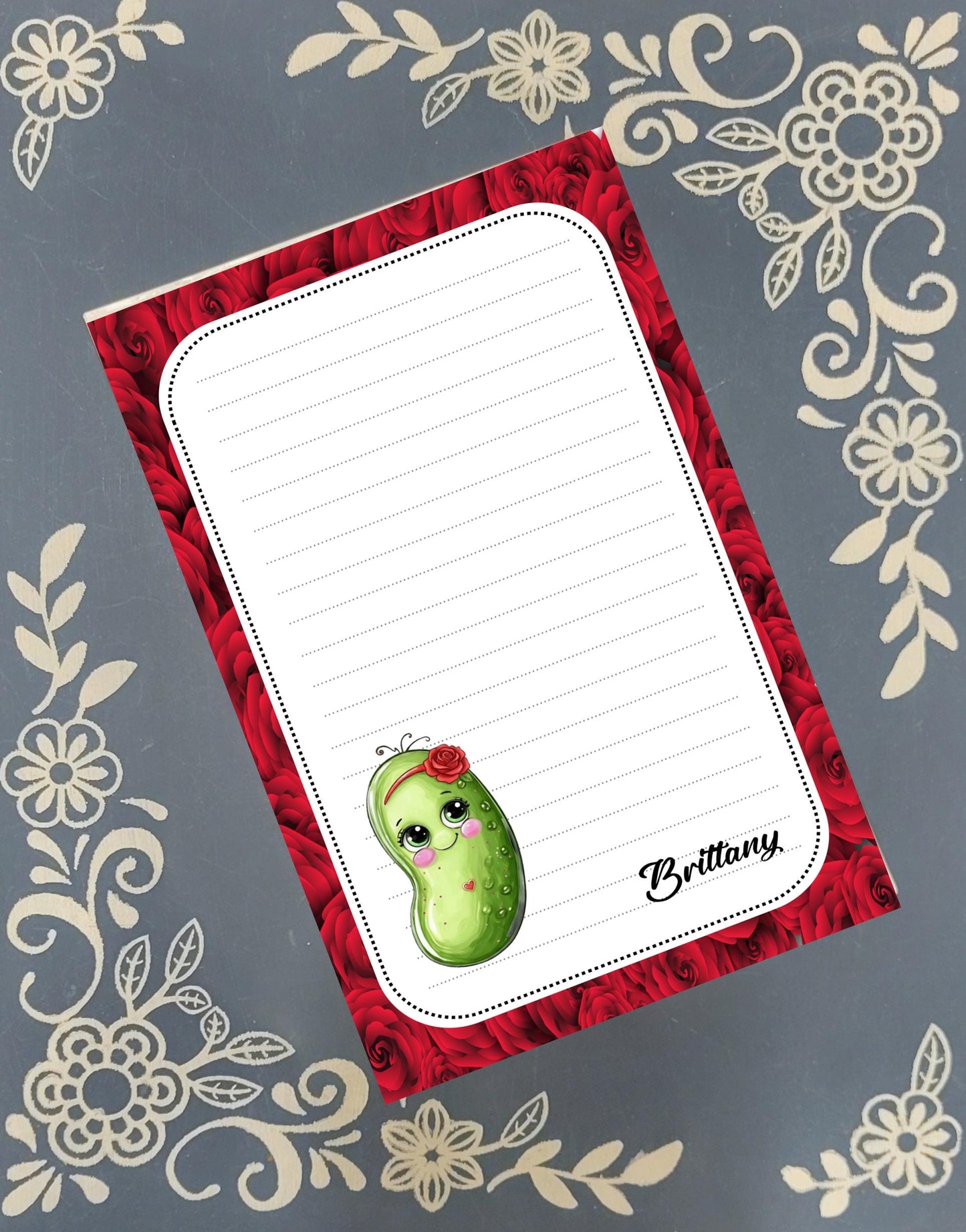 Personalized Pickle, Valentine's Day, Roses, Notepad Stationery