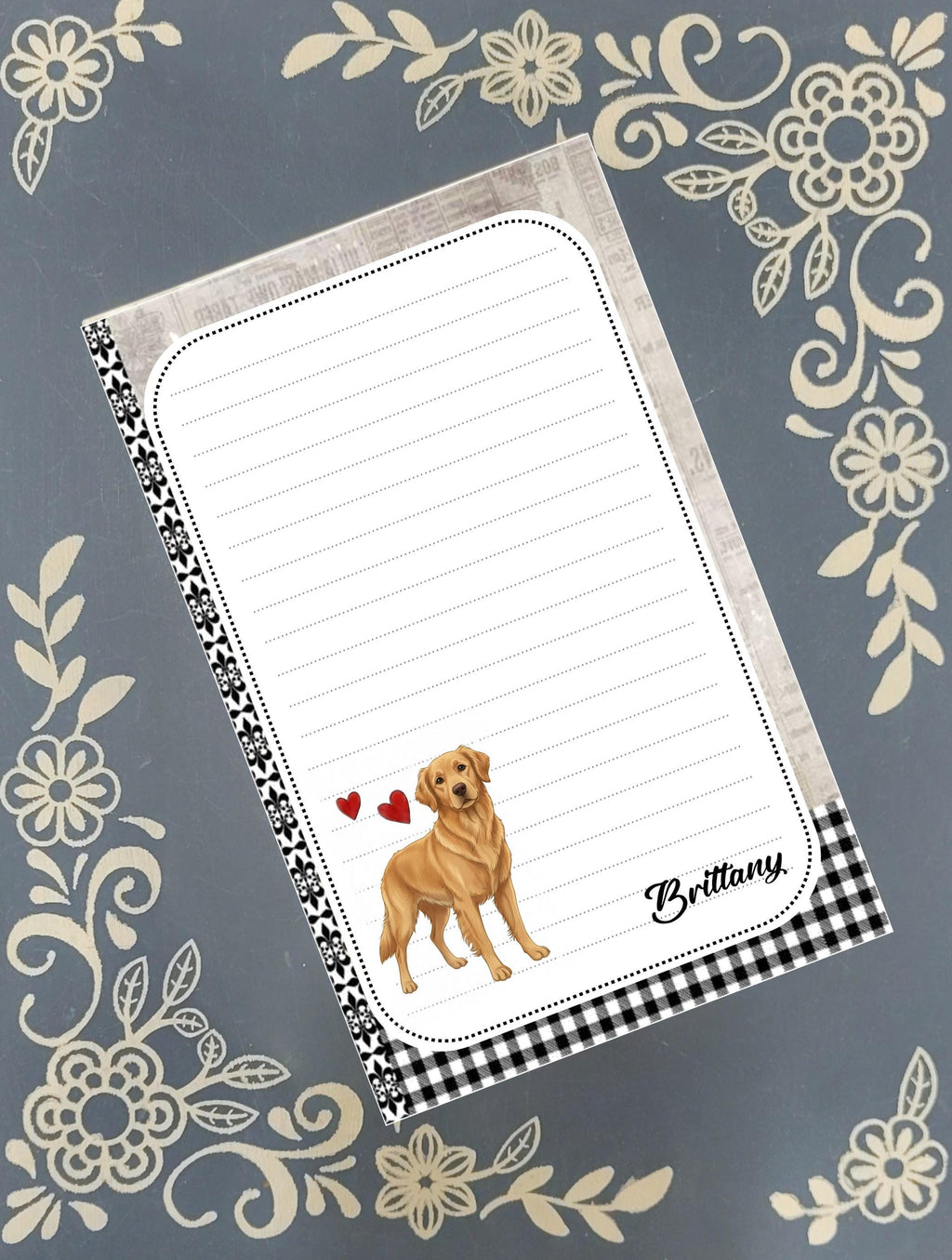 Personalized Custom Dog Breed, black and white with red hearts, Notepad Stationery
