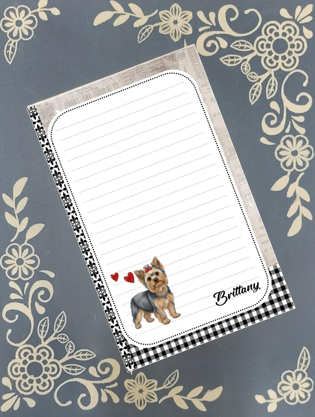 Personalized Custom Dog Breed, black and white with red hearts, Notepad Stationery